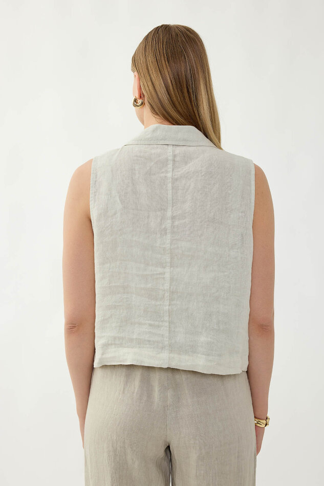 %100 Keten Kapak Cepli Düğmeli Gömlek - 44