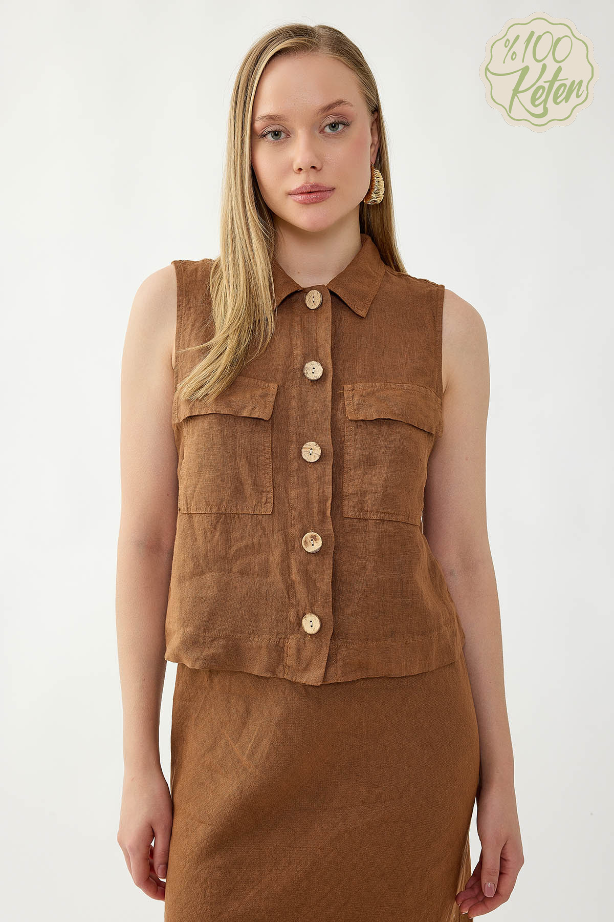 VİTRİN - %100 Keten Kapak Cepli Düğmeli Gömlek