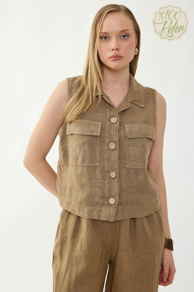 %100 Keten Kapak Cepli Düğmeli Gömlek - 18