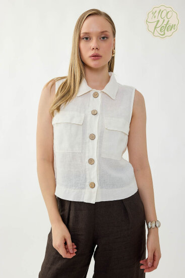 %100 Keten Kapak Cepli Düğmeli Gömlek - 25