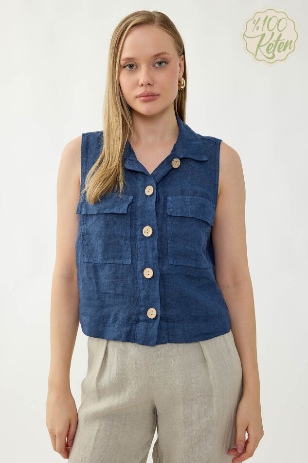 %100 Keten Kapak Cepli Düğmeli Gömlek - 30