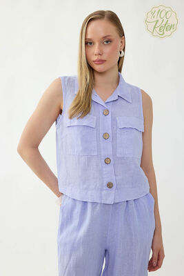 %100 Keten Kapak Cepli Düğmeli Gömlek (1)