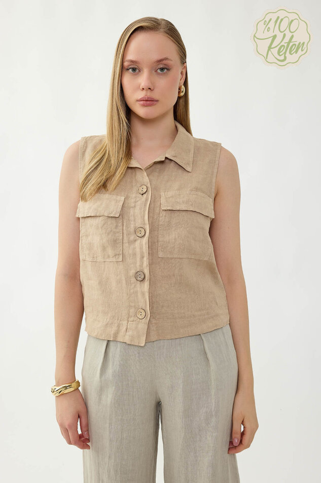 %100 Keten Kapak Cepli Düğmeli Gömlek - 36