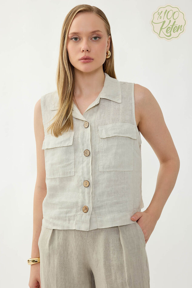 %100 Keten Kapak Cepli Düğmeli Gömlek - 41