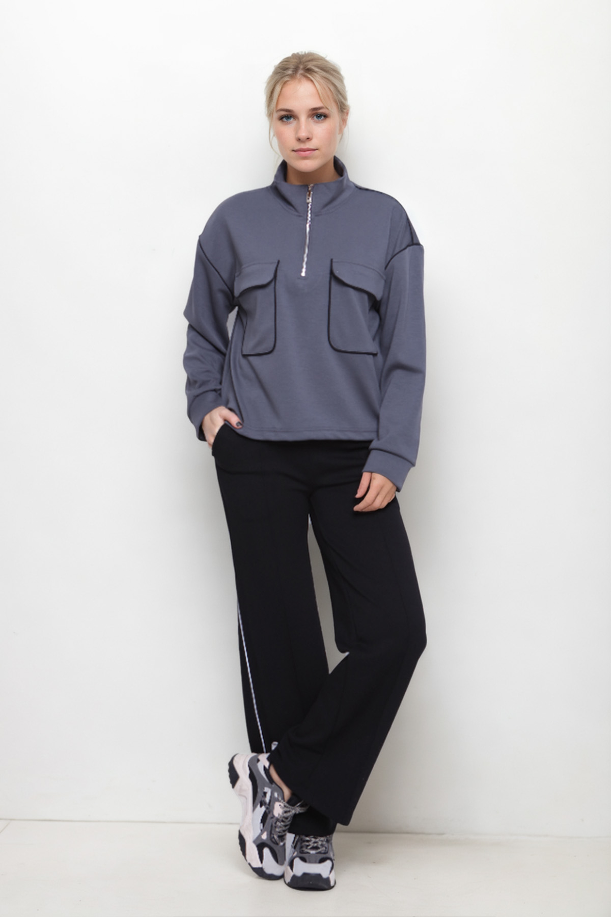 Kapak Cepli Fermuarlı Sweat - Thumbnail