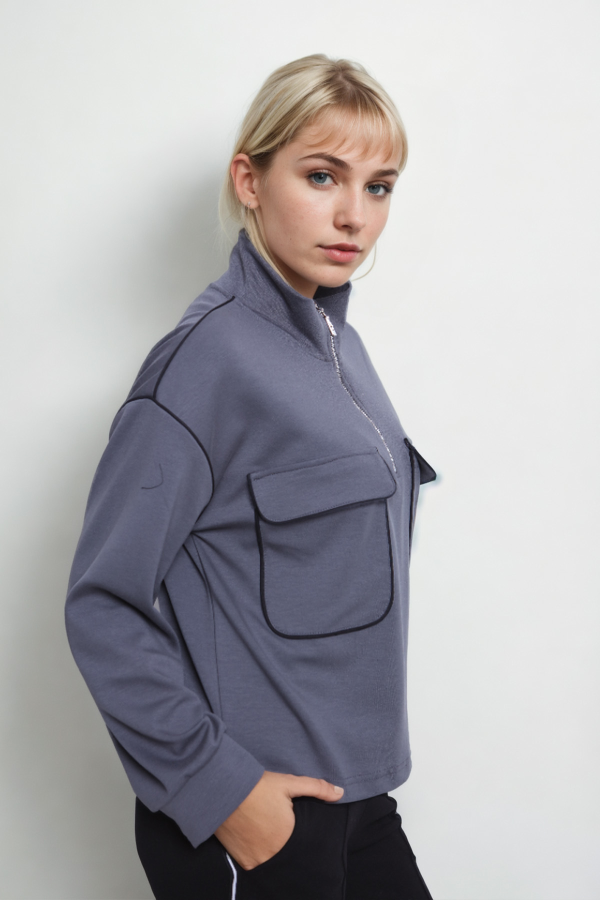 Kapak Cepli Fermuarlı Sweat - Thumbnail