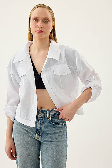 Kapak Cepli Kol Detaylı Crop Gömlek - 2