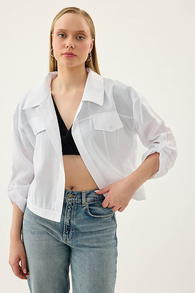 Kapak Cepli Kol Detaylı Crop Gömlek - 2