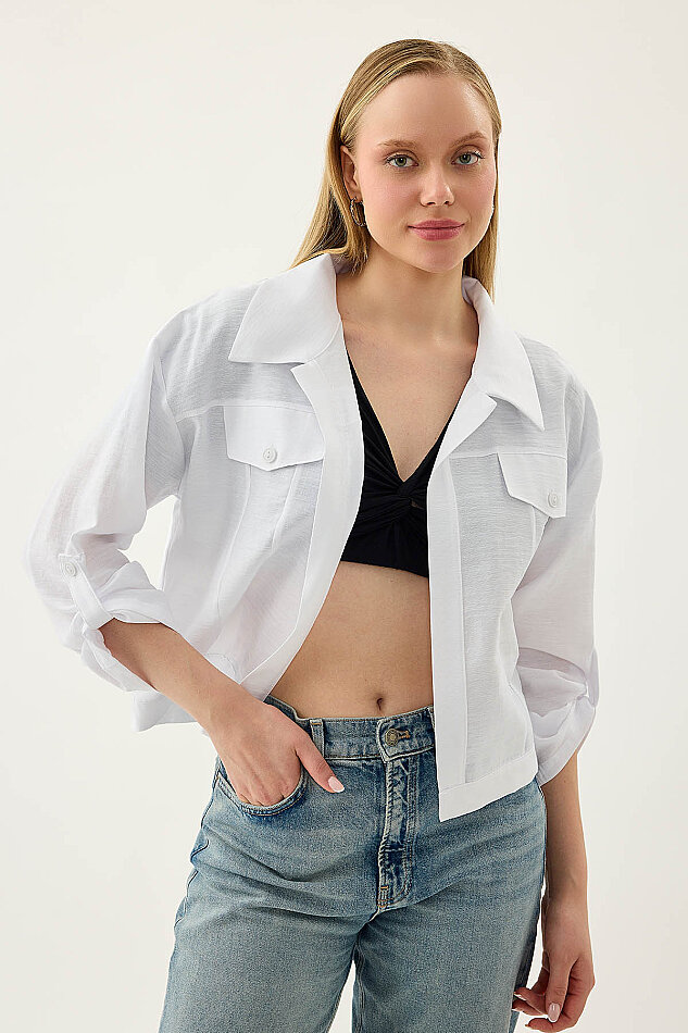 Kapak Cepli Kol Detaylı Crop Gömlek - 5