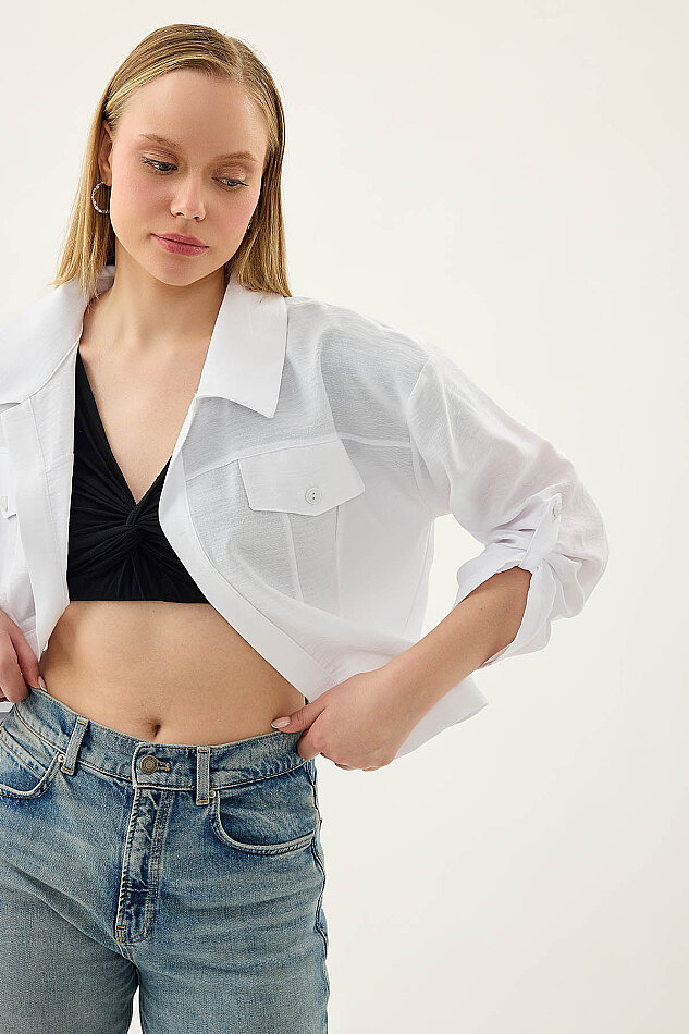 Kapak Cepli Kol Detaylı Crop Gömlek - 6