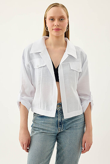 Kapak Cepli Kol Detaylı Crop Gömlek - 1