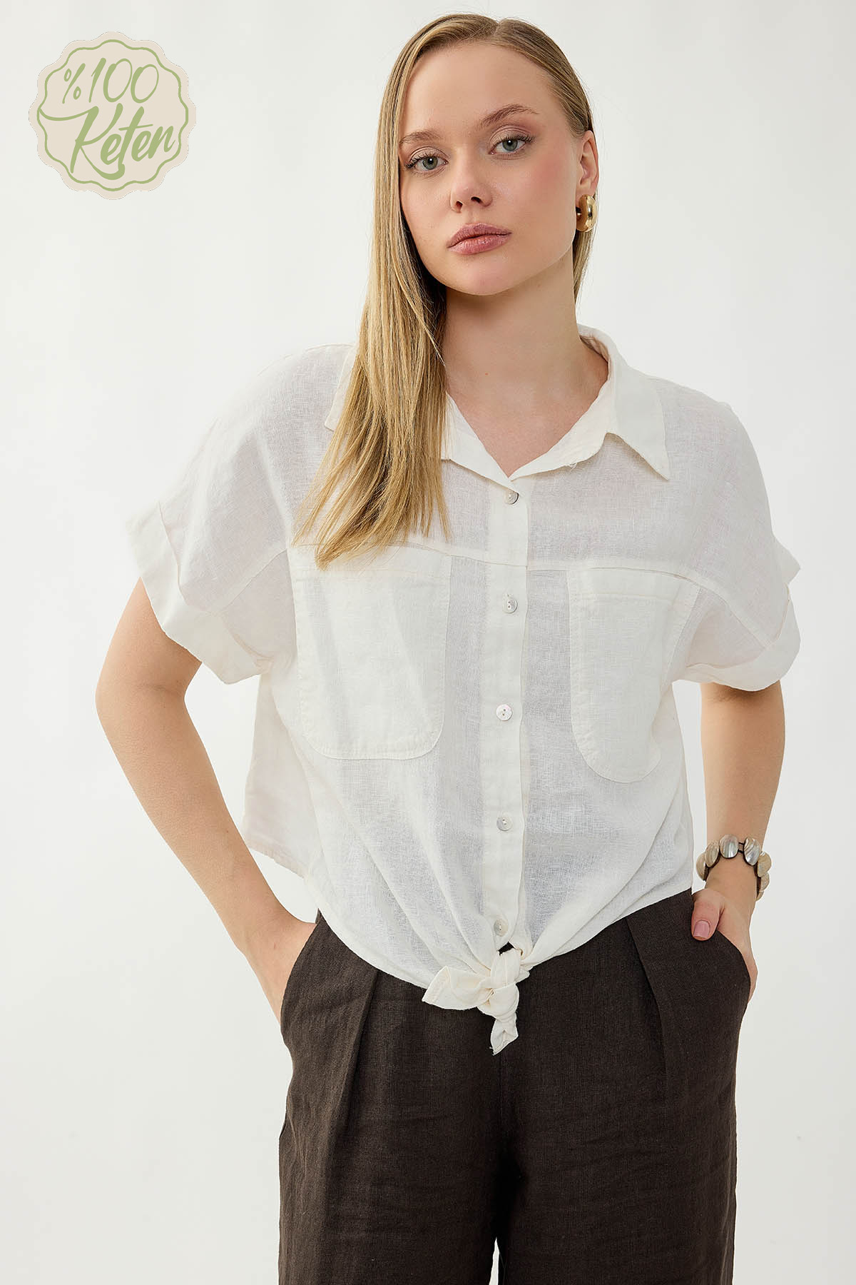 VİTRİN - %100 Keten Kapak Cepli Önü Bağlamalı Kısa Kol Gömlek