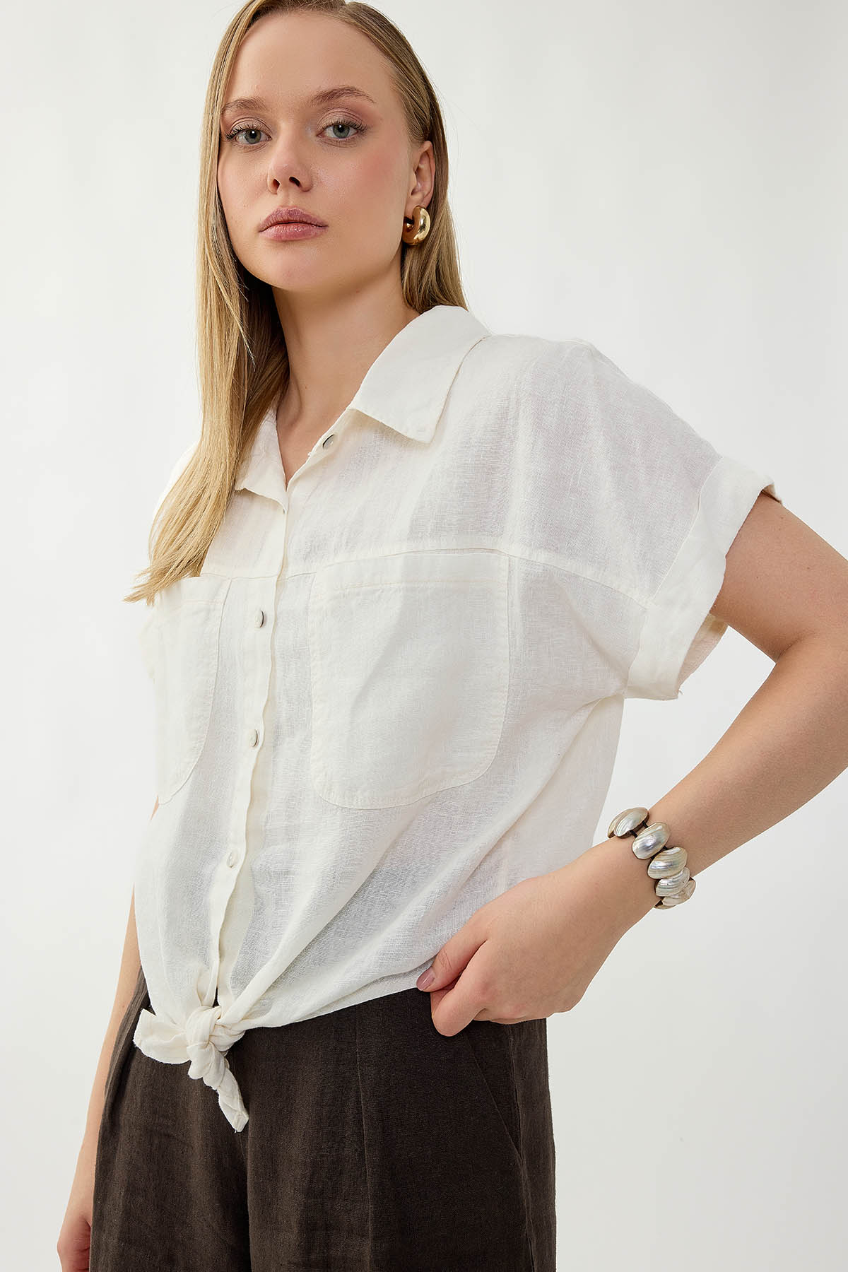 %100 Keten Kapak Cepli Önü Bağlamalı Kısa Kol Gömlek - Thumbnail