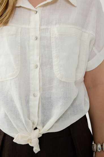 %100 Keten Kapak Cepli Önü Bağlamalı Kısa Kol Gömlek - 11