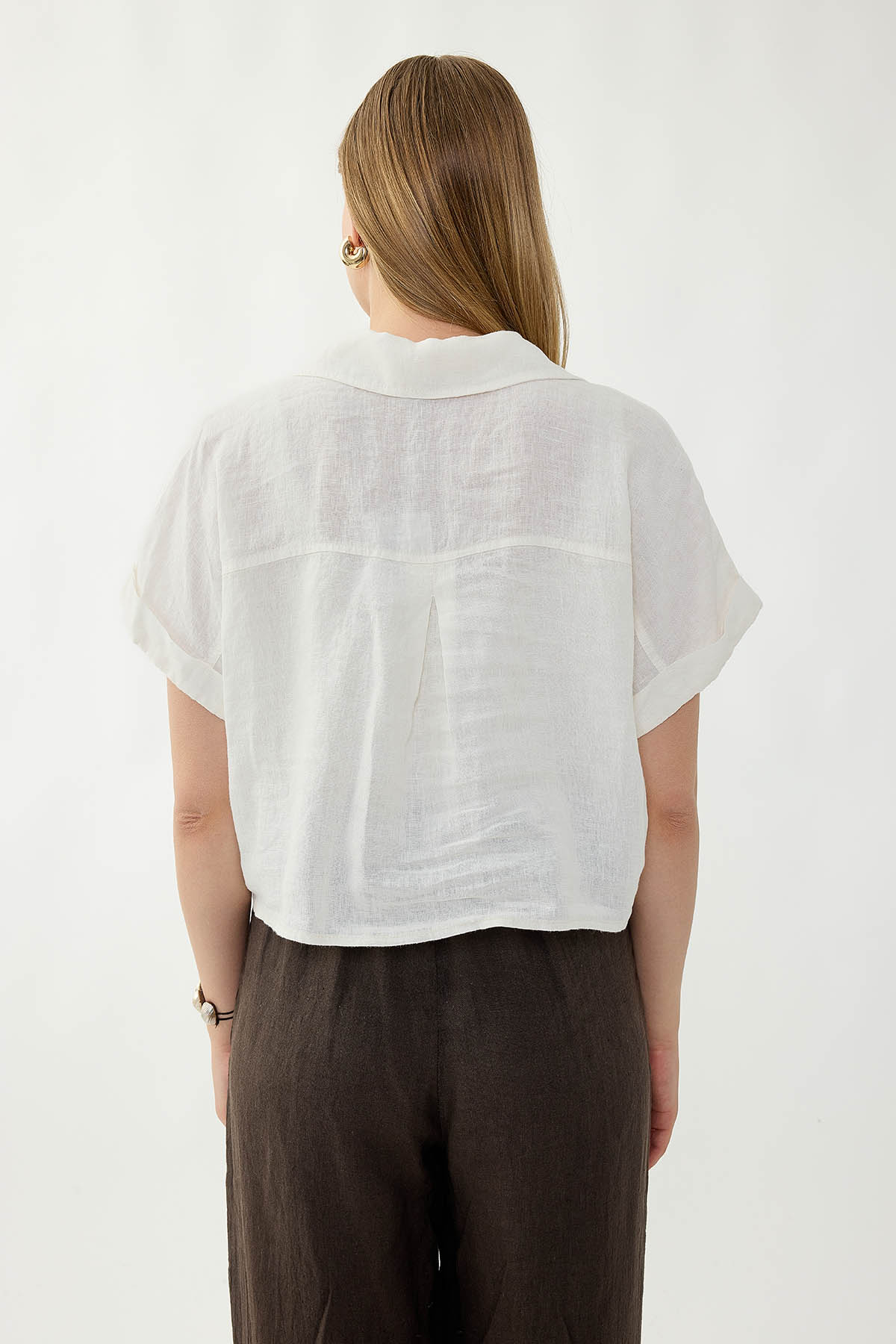 %100 Keten Kapak Cepli Önü Bağlamalı Kısa Kol Gömlek - Thumbnail