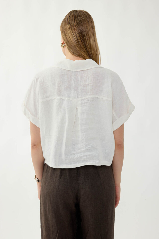 %100 Keten Kapak Cepli Önü Bağlamalı Kısa Kol Gömlek - 12