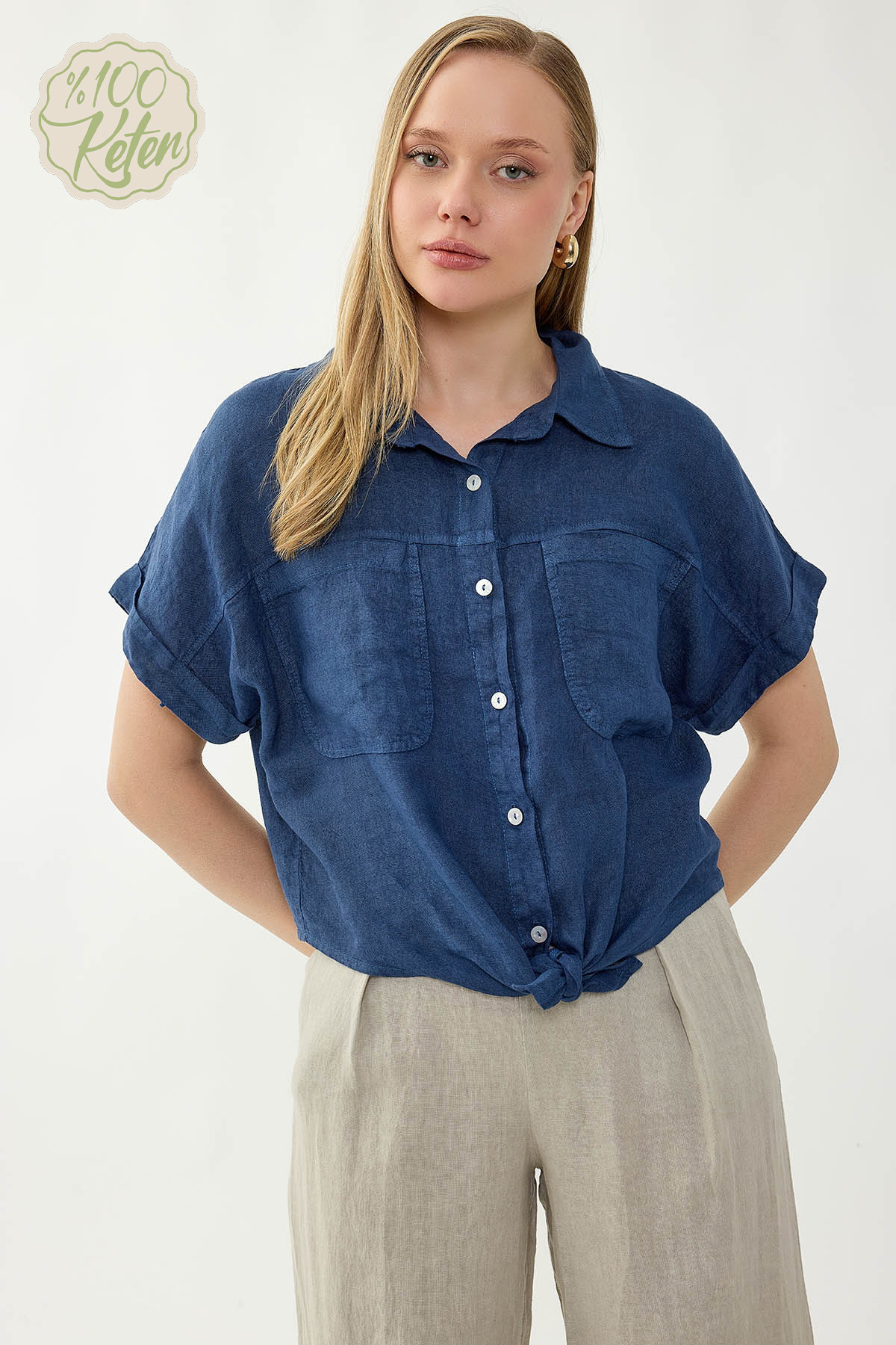%100 Keten Kapak Cepli Önü Bağlamalı Kısa Kol Gömlek - Thumbnail
