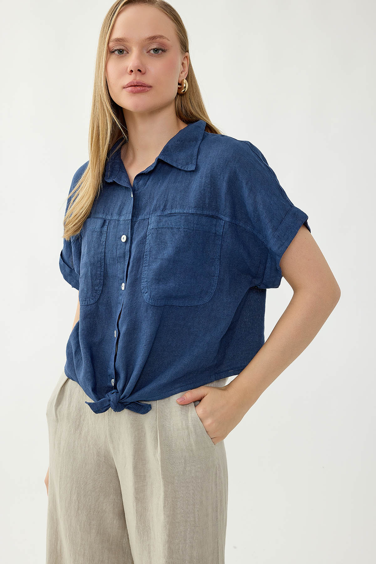 %100 Keten Kapak Cepli Önü Bağlamalı Kısa Kol Gömlek - Thumbnail