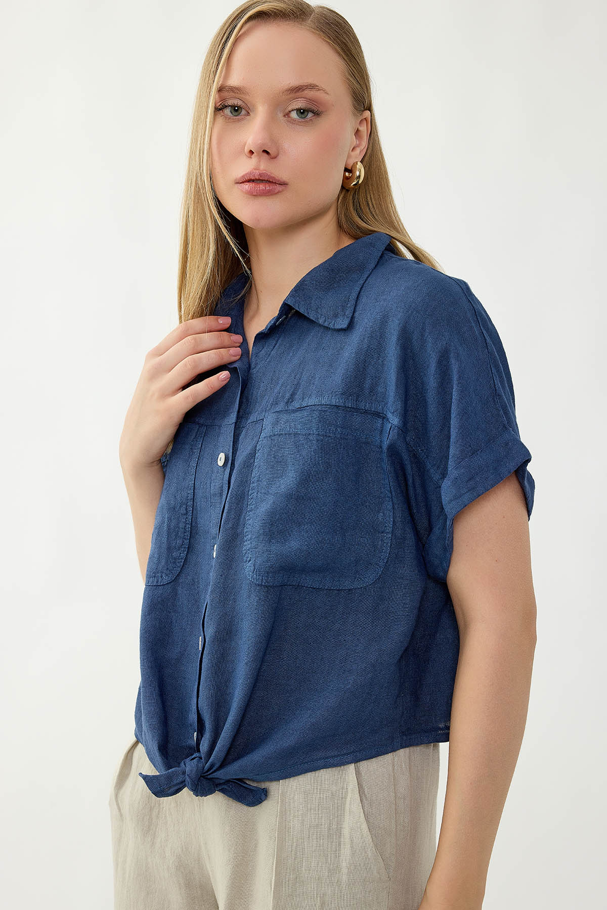 %100 Keten Kapak Cepli Önü Bağlamalı Kısa Kol Gömlek - Thumbnail