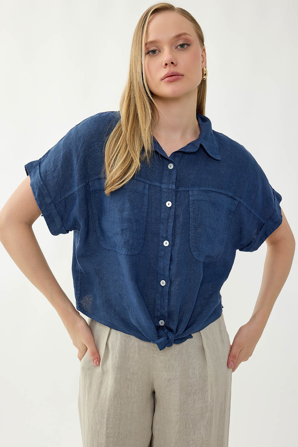 %100 Keten Kapak Cepli Önü Bağlamalı Kısa Kol Gömlek - Thumbnail