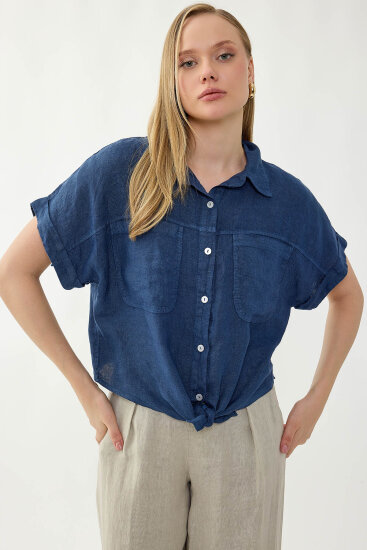 %100 Keten Kapak Cepli Önü Bağlamalı Kısa Kol Gömlek - 17