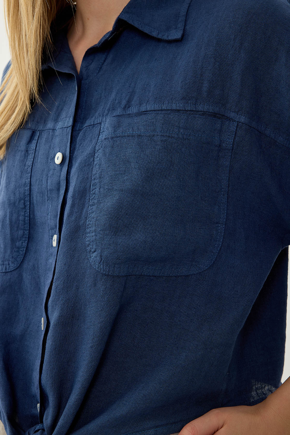 %100 Keten Kapak Cepli Önü Bağlamalı Kısa Kol Gömlek - Thumbnail