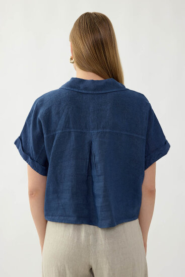 %100 Keten Kapak Cepli Önü Bağlamalı Kısa Kol Gömlek - 16