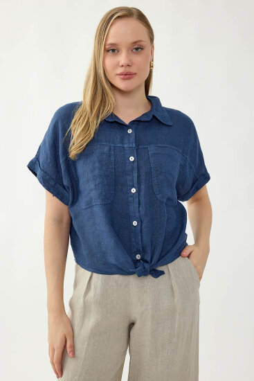 %100 Keten Kapak Cepli Önü Bağlamalı Kısa Kol Gömlek - 19