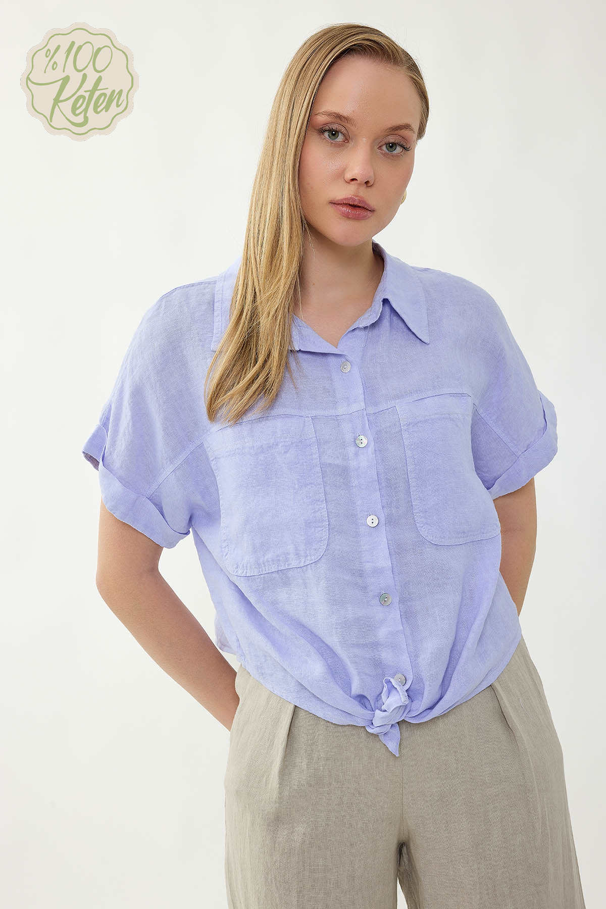 %100 Keten Kapak Cepli Önü Bağlamalı Kısa Kol Gömlek - Thumbnail