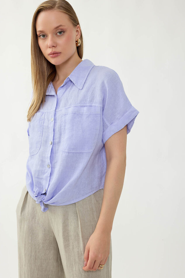 %100 Keten Kapak Cepli Önü Bağlamalı Kısa Kol Gömlek - 21