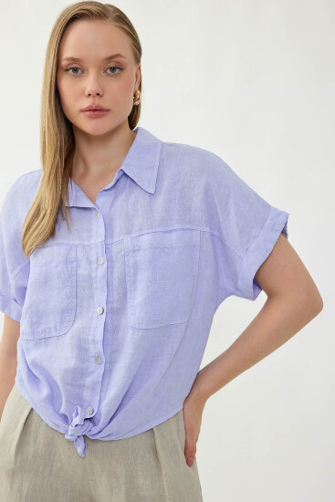 %100 Keten Kapak Cepli Önü Bağlamalı Kısa Kol Gömlek - 22