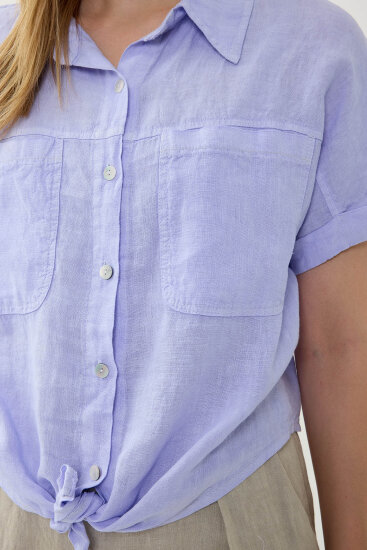 %100 Keten Kapak Cepli Önü Bağlamalı Kısa Kol Gömlek - 23
