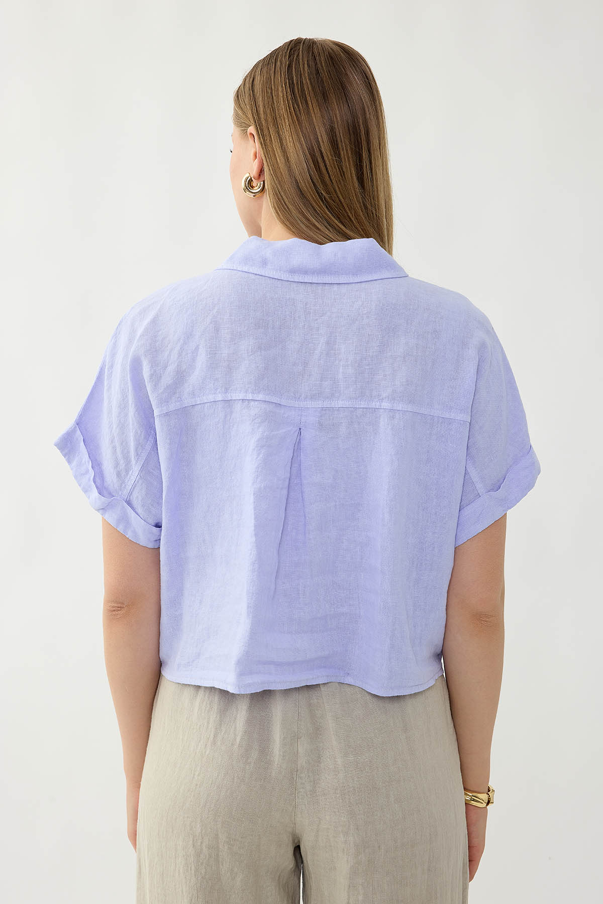 %100 Keten Kapak Cepli Önü Bağlamalı Kısa Kol Gömlek - Thumbnail