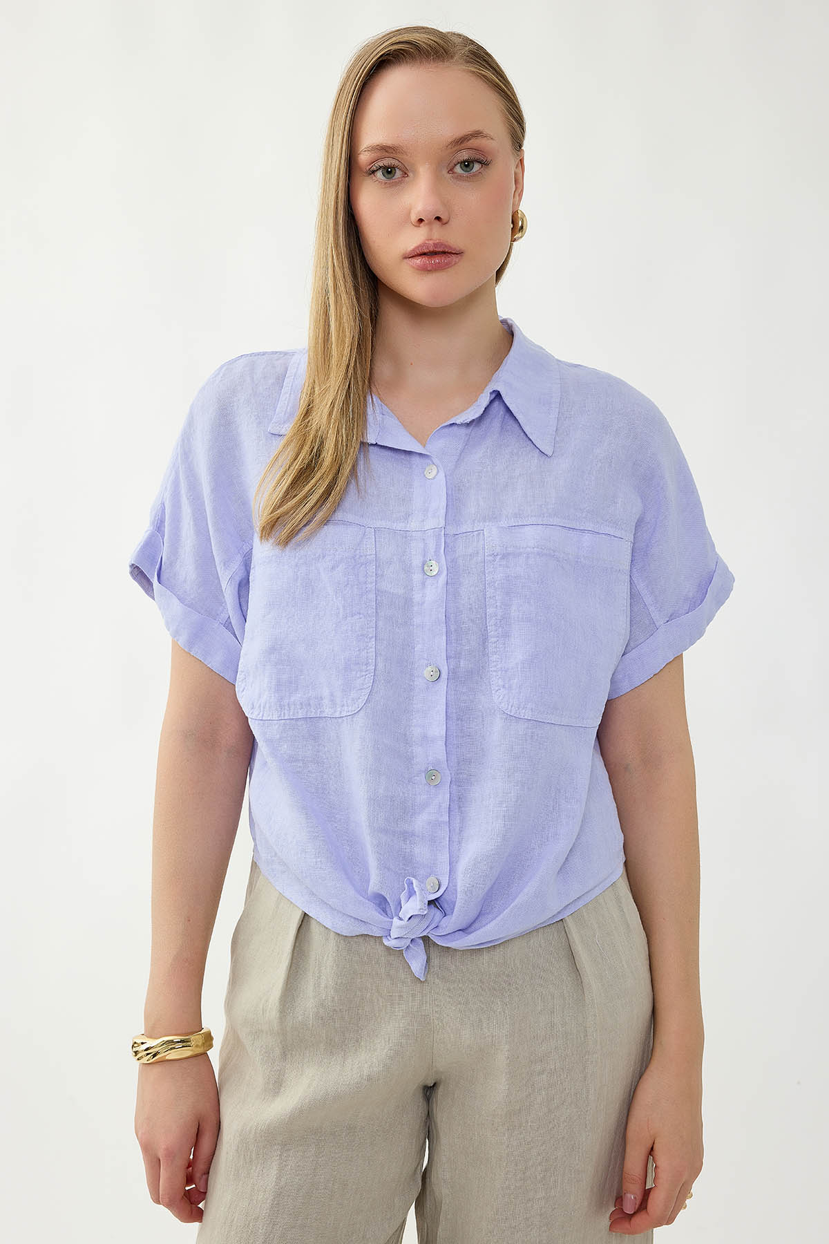 %100 Keten Kapak Cepli Önü Bağlamalı Kısa Kol Gömlek - Thumbnail