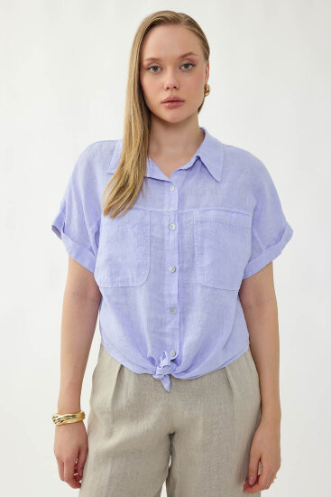 %100 Keten Kapak Cepli Önü Bağlamalı Kısa Kol Gömlek - 25