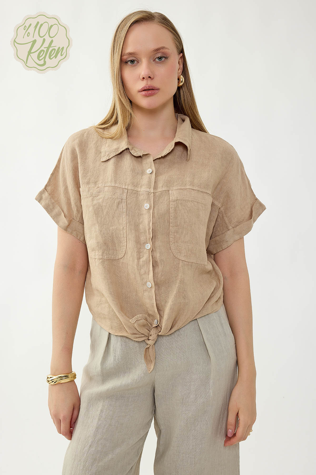 %100 Keten Kapak Cepli Önü Bağlamalı Kısa Kol Gömlek - Thumbnail