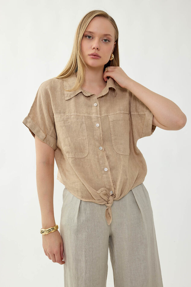 %100 Keten Kapak Cepli Önü Bağlamalı Kısa Kol Gömlek - 28
