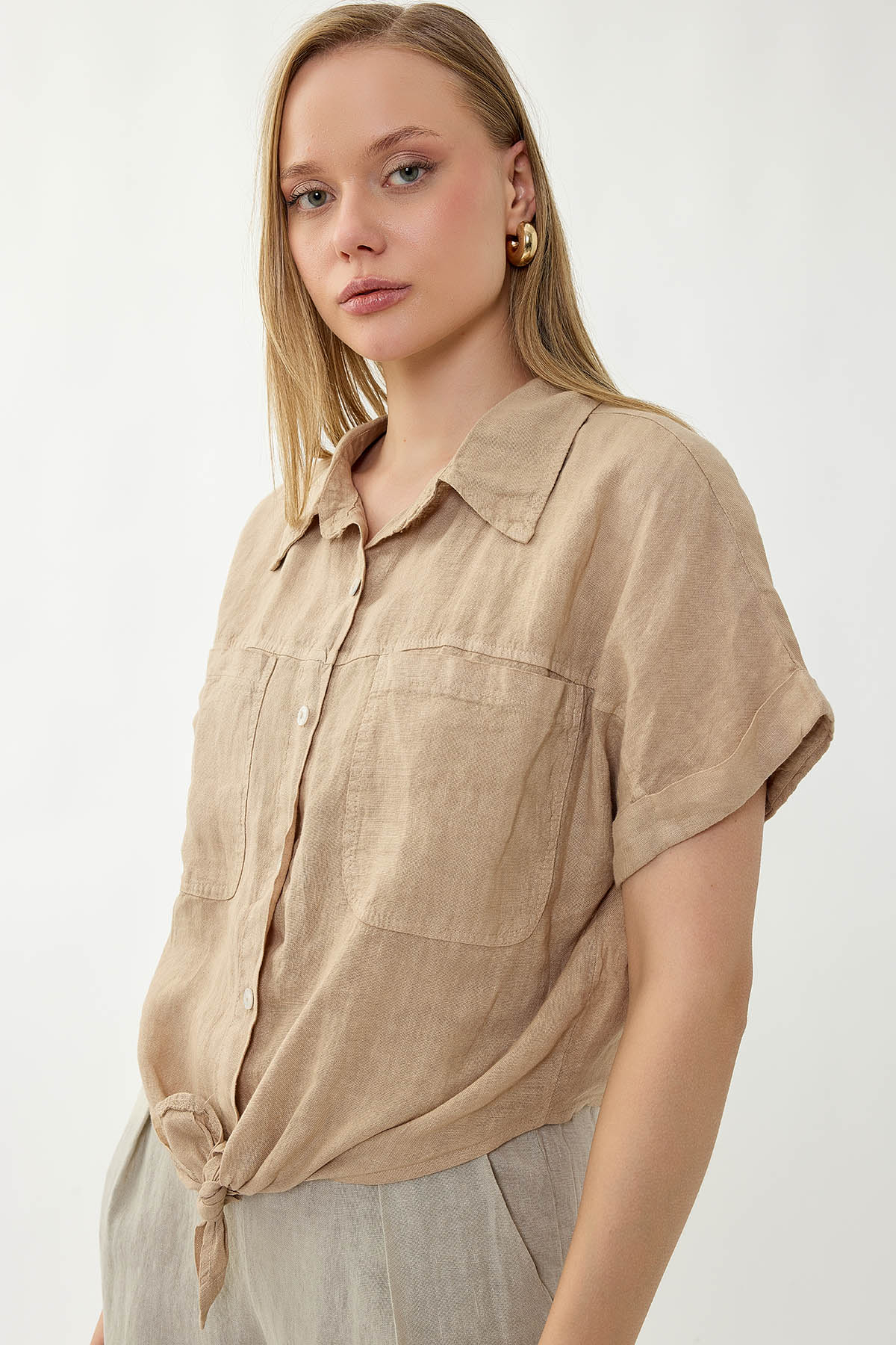 %100 Keten Kapak Cepli Önü Bağlamalı Kısa Kol Gömlek - Thumbnail