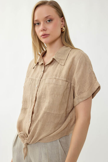 %100 Keten Kapak Cepli Önü Bağlamalı Kısa Kol Gömlek - 29
