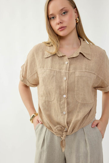 %100 Keten Kapak Cepli Önü Bağlamalı Kısa Kol Gömlek - 31