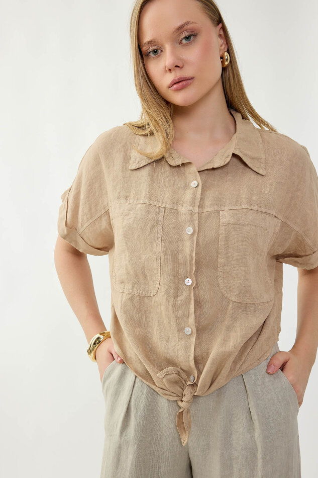 %100 Keten Kapak Cepli Önü Bağlamalı Kısa Kol Gömlek - 31