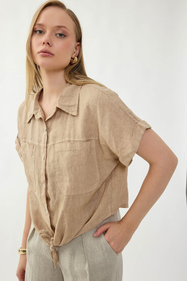 %100 Keten Kapak Cepli Önü Bağlamalı Kısa Kol Gömlek - 32