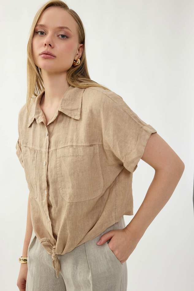 %100 Keten Kapak Cepli Önü Bağlamalı Kısa Kol Gömlek - 32