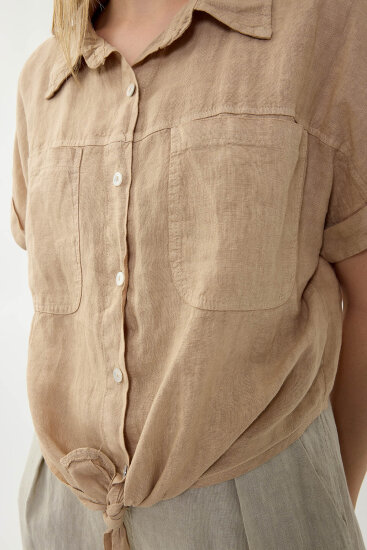 %100 Keten Kapak Cepli Önü Bağlamalı Kısa Kol Gömlek - 33