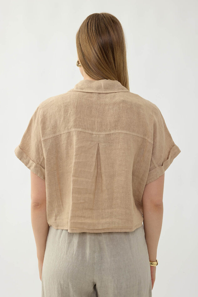 %100 Keten Kapak Cepli Önü Bağlamalı Kısa Kol Gömlek - 30