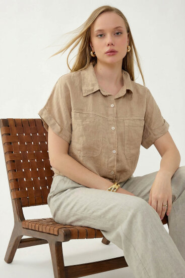 %100 Keten Kapak Cepli Önü Bağlamalı Kısa Kol Gömlek - 27