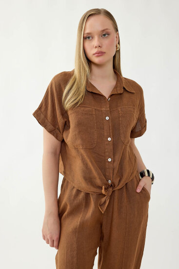 %100 Keten Kapak Cepli Önü Bağlamalı Kısa Kol Gömlek - 4
