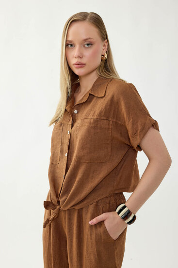 %100 Keten Kapak Cepli Önü Bağlamalı Kısa Kol Gömlek - 6