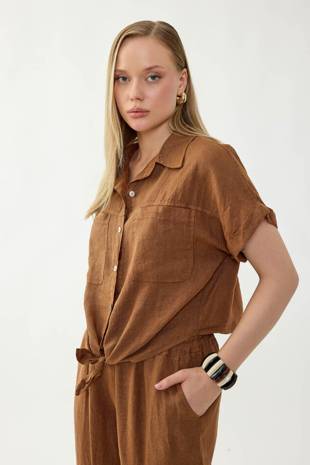 %100 Keten Kapak Cepli Önü Bağlamalı Kısa Kol Gömlek - 6