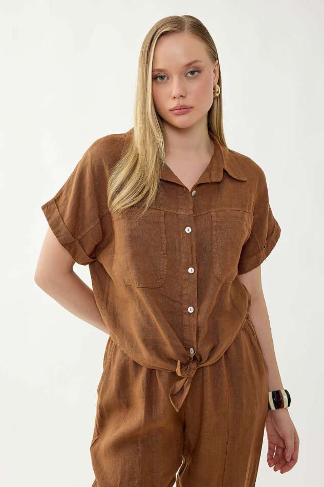 %100 Keten Kapak Cepli Önü Bağlamalı Kısa Kol Gömlek - 5